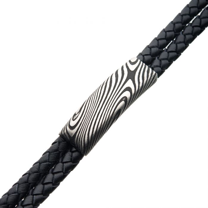 Damascus Steel Black Plated ID with Double Black Leather Bracelet