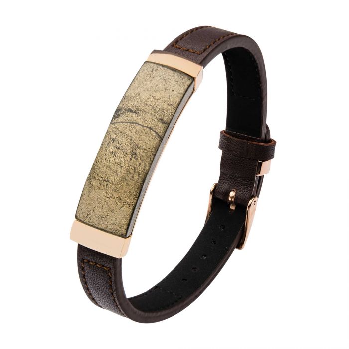 Chalcopyrite Brown Leather and Rose Gold Plated Bracelet with Belt Buckle Clasp