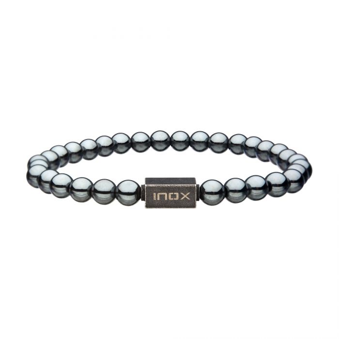 Hematite Gemstone Stretch Bead Bracelet with Steel Clasp