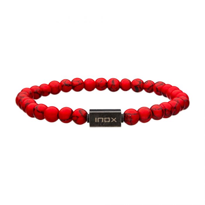 Red Turquoise Gemstone Stretch Bead Bracelet with Steel Clasp