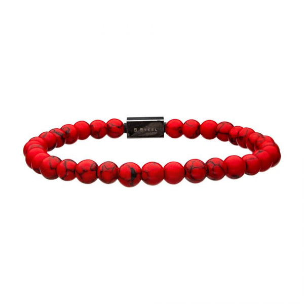 Red Turquoise Gemstone Stretch Bead Bracelet with Steel Clasp
