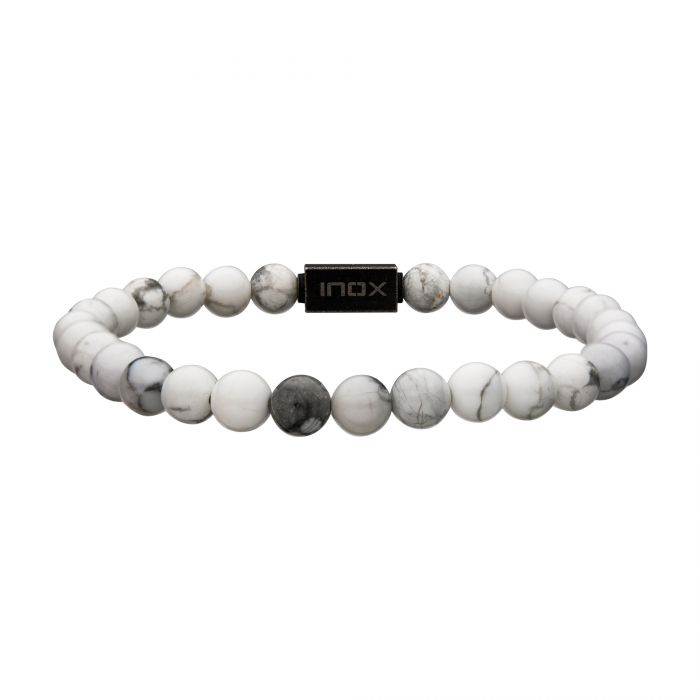 White Howlite Gemstone Stretch Bead Bracelet with Steel Clasp