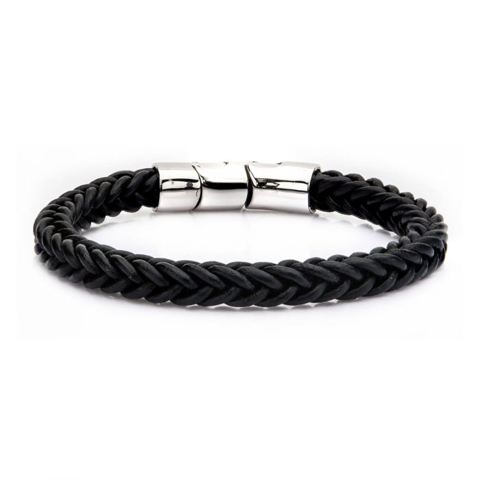 Black Leather and Stainless Steel Magnetic Clasp Bracelet