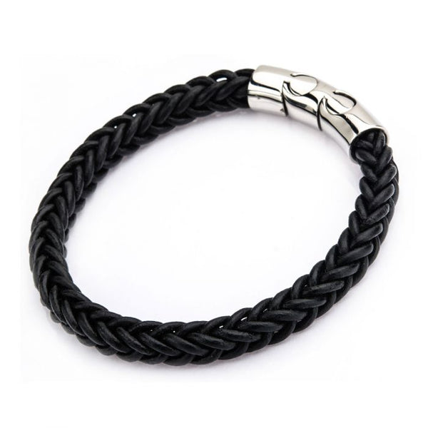 Black Leather and Stainless Steel Magnetic Clasp Bracelet