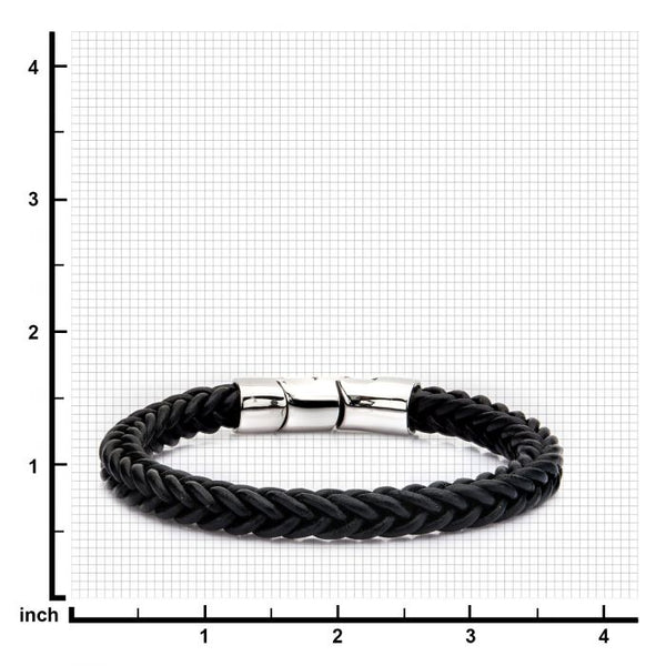 Black Leather and Stainless Steel Magnetic Clasp Bracelet