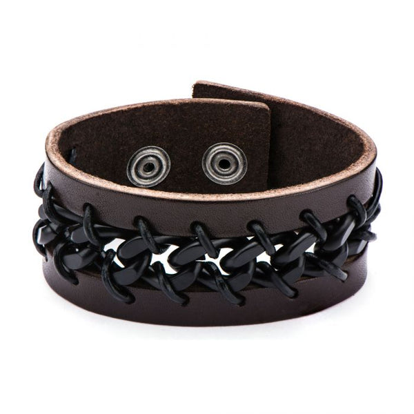 Black Plated Chain in Brown Leather Bracelet