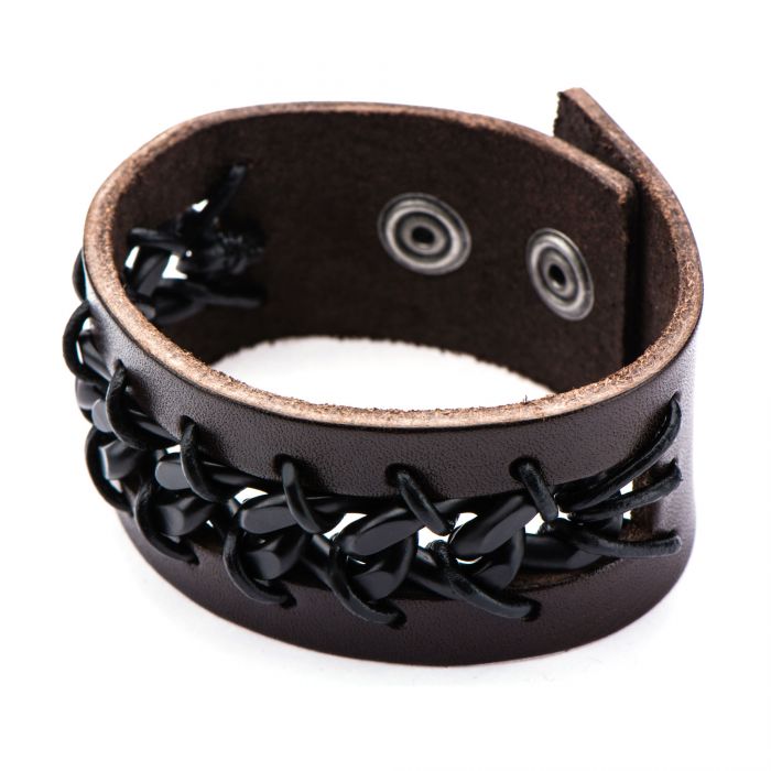 Black Plated Chain in Brown Leather Bracelet