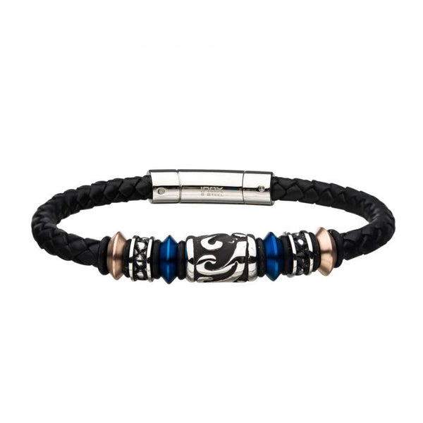 Black Braided Leather with Blue, Rose Gold Plated and Steel Drum Beads Bracelet