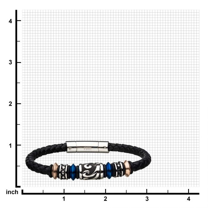 Black Braided Leather with Blue, Rose Gold Plated and Steel Drum Beads Bracelet