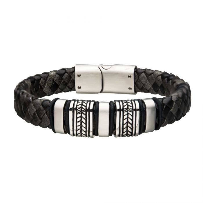 Black Braided Leather with Antiqued Finish Beads Bracelet