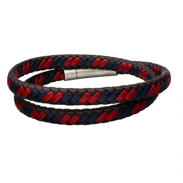 Brown, Red, and Blue Double Round Leather Bracelet