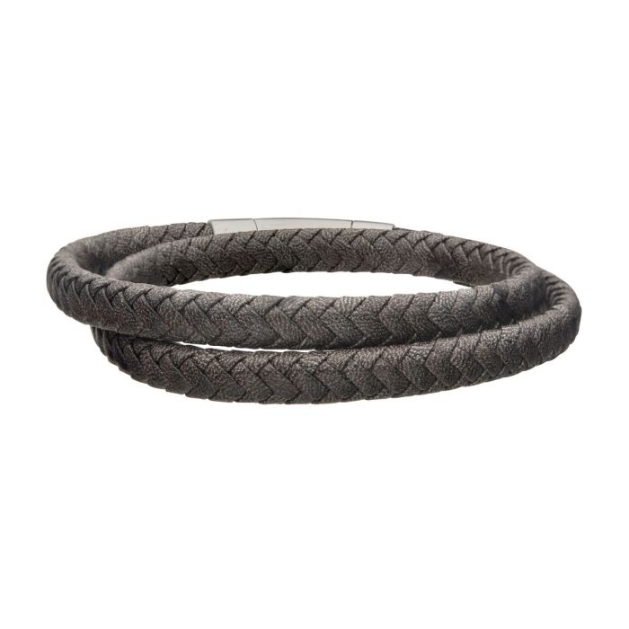 Grey Double Wrap Braided Leather Bracelet