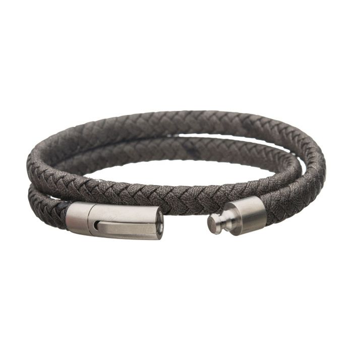 Grey Double Wrap Braided Leather Bracelet