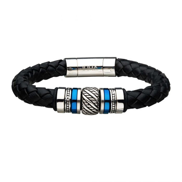 Black Braided Leather with Steel & Blue Plated Beads Bracelet
