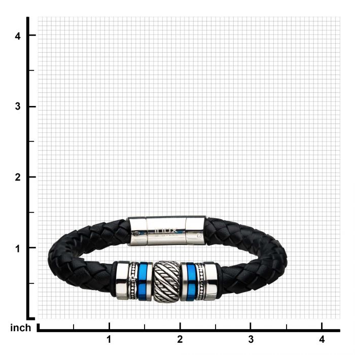 Black Braided Leather with Steel & Blue Plated Beads Bracelet