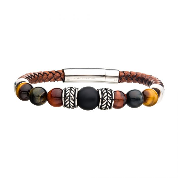 Brown Genuine Leather with Steel,Tiger Eye & Black Onyx Bead Bracelet