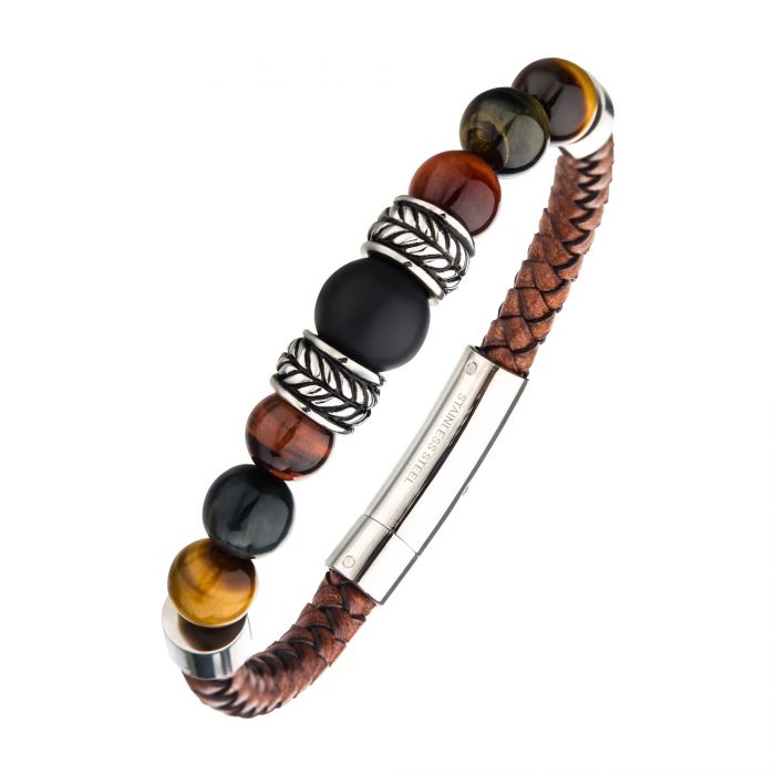 Brown Genuine Leather with Steel,Tiger Eye & Black Onyx Bead Bracelet