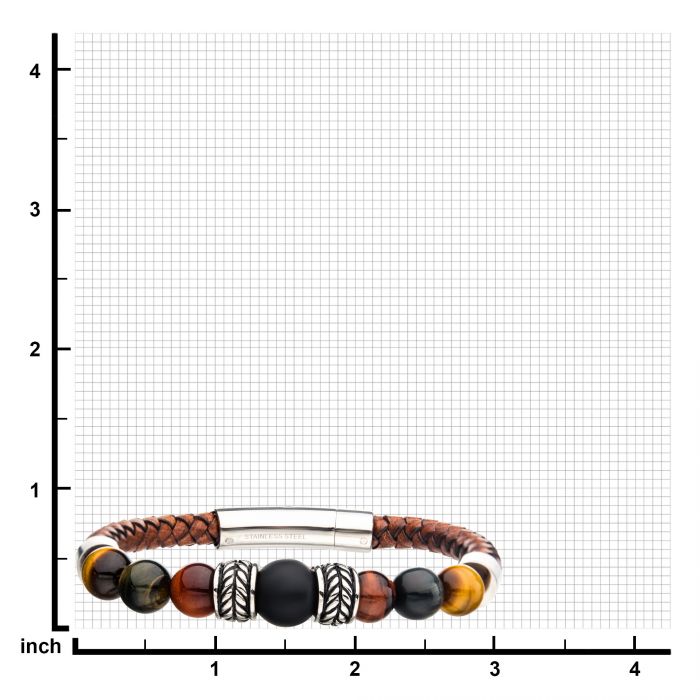 Brown Genuine Leather with Steel,Tiger Eye & Black Onyx Bead Bracelet