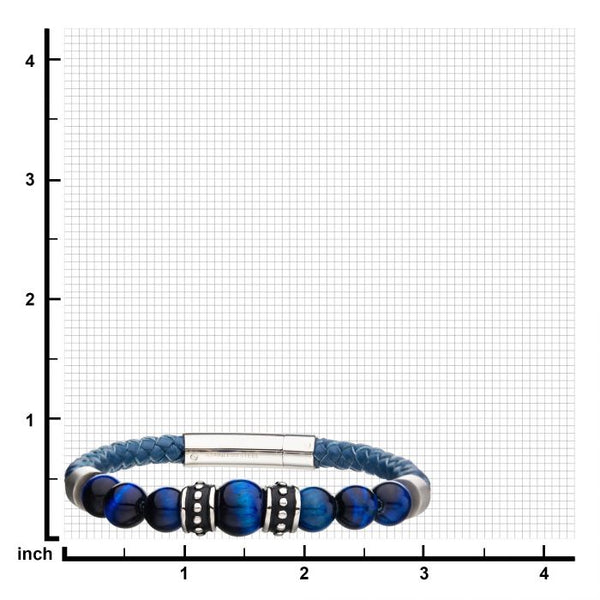 Blue Genuine Leather with Steel & Blue Tiger Eye Beads Bracelet