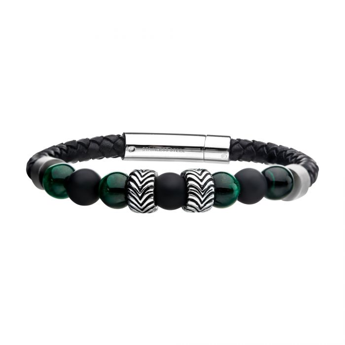 Black Genuine Leather with Steel and Tiger Eye Beads Hybrid Blue Malachite Bracelet