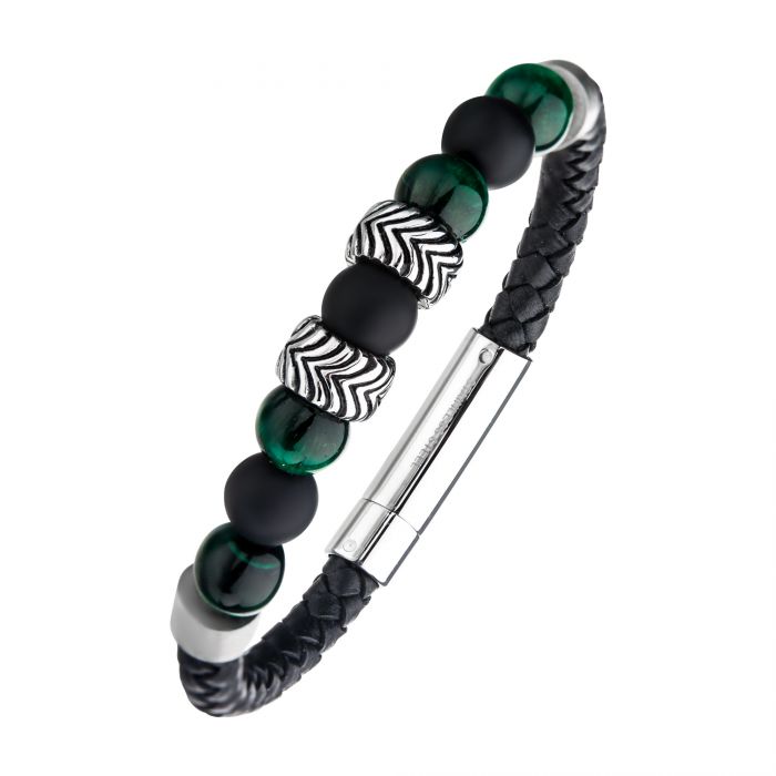 Black Genuine Leather with Steel and Tiger Eye Beads Hybrid Blue Malachite Bracelet