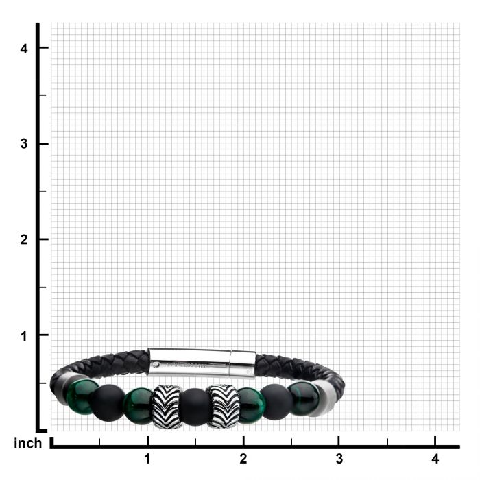 Black Genuine Leather with Steel and Tiger Eye Beads Hybrid Blue Malachite Bracelet