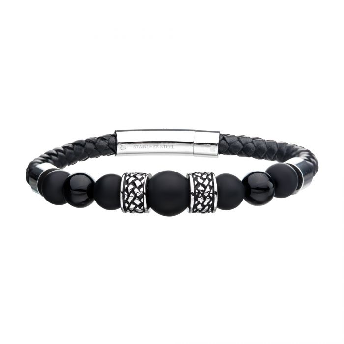 Black Genuine Leather with Steel and Tiger Eye Beads Hybrid Blue Onyx Bracelet