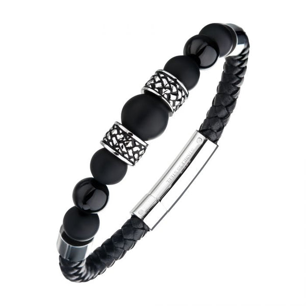 Black Genuine Leather with Steel and Tiger Eye Beads Hybrid Blue Onyx Bracelet