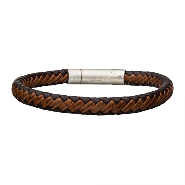 Dark & Light Brown Leather Bracelet with Steel Clasp