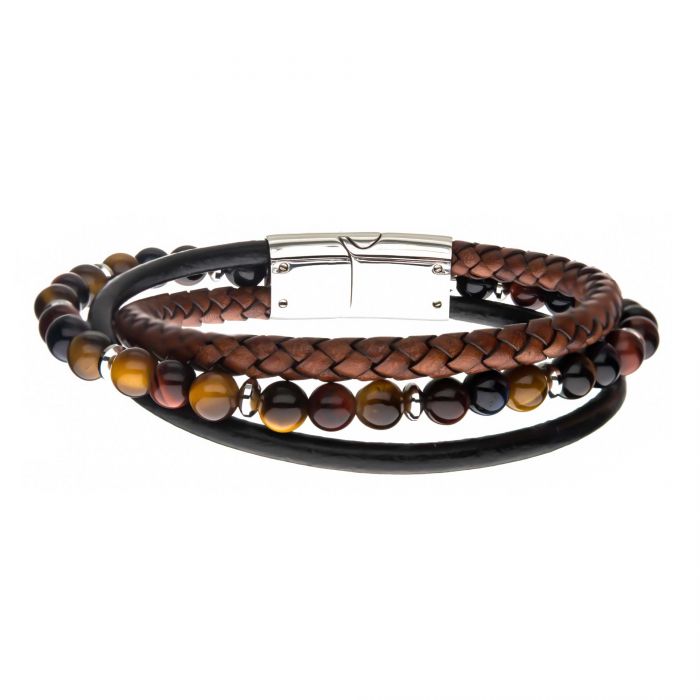 Tiger Eye Beads with Brown Braided and Black Leather Layered Bracelet