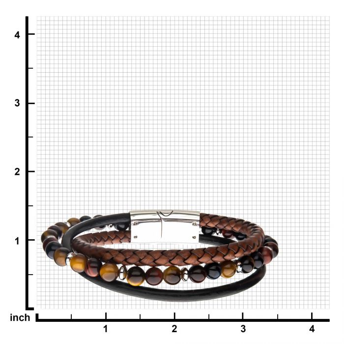 Tiger Eye Beads with Brown Braided and Black Leather Layered Bracelet