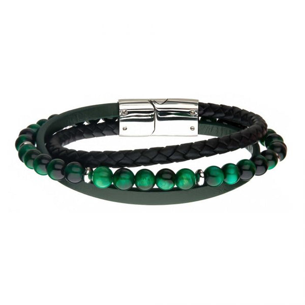 Green Tiger Eye Beads with Black Braided and Green Leather Layered Bracelet