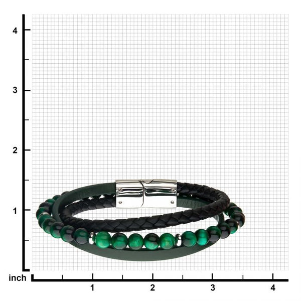 Green Tiger Eye Beads with Black Braided and Green Leather Layered Bracelet
