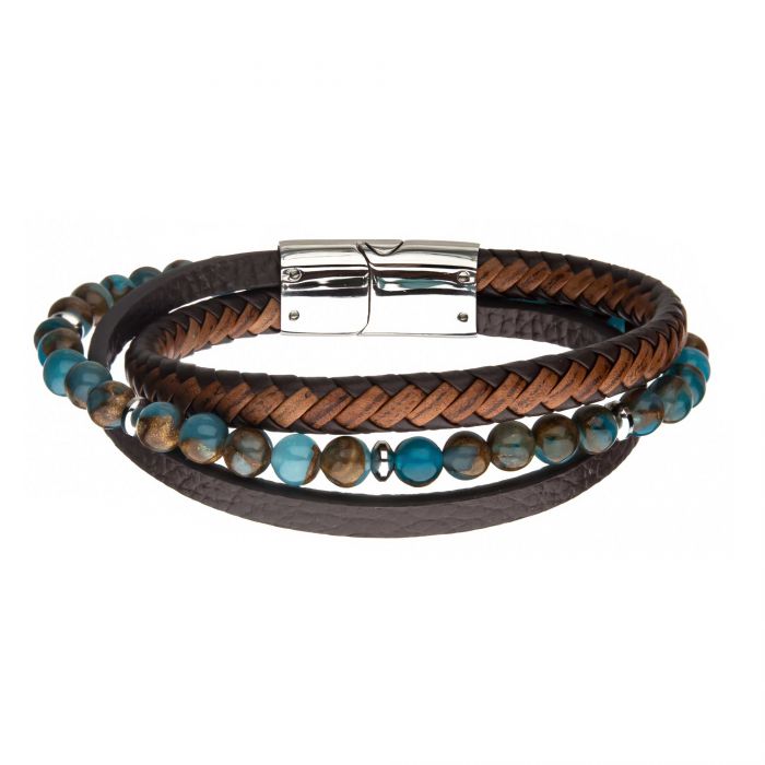 Chrysocolla Beads with Brown Leather Layered Bracelet