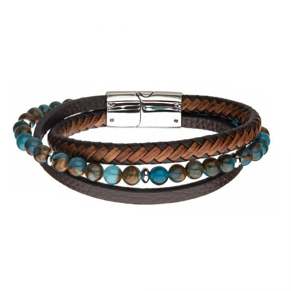 Chrysocolla Beads with Brown Leather Layered Bracelet