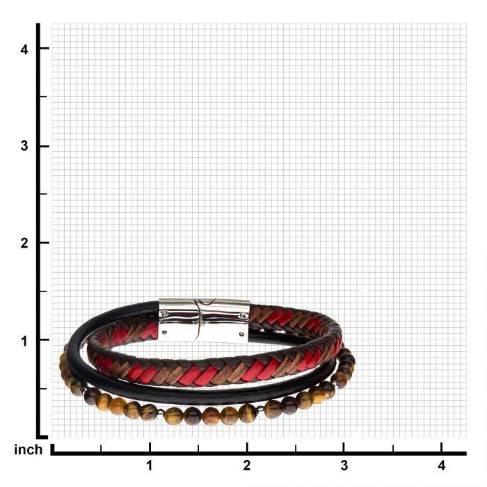 Tiger Eye Beads with Brown and Red Leather Layered Bracelet