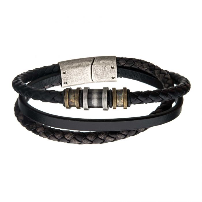 Steel Antique Gold/Silver Black Leather Layered Bracelet