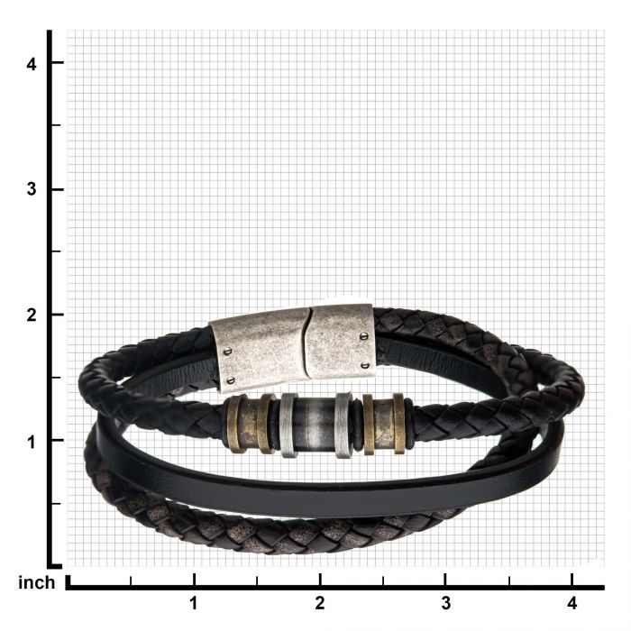 Steel Antique Gold/Silver Black Leather Layered Bracelet