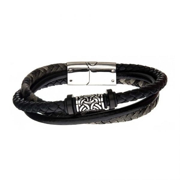 Black Plated and Antiqued Finish Drum Beads with Black Leather Layered Bracelet