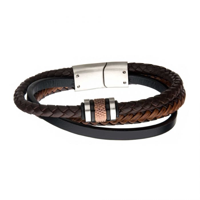 Black Plated and Rose Gold Beads with Brown Leather Layered Bracelet