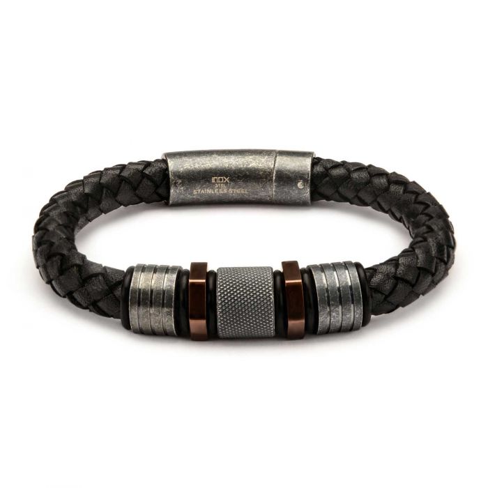 Black Braided Leather with Rose Gold Plated & Steel Beads Bracelet