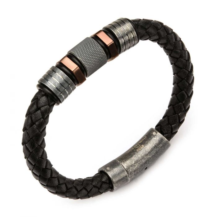 Black Braided Leather with Rose Gold Plated & Steel Beads Bracelet