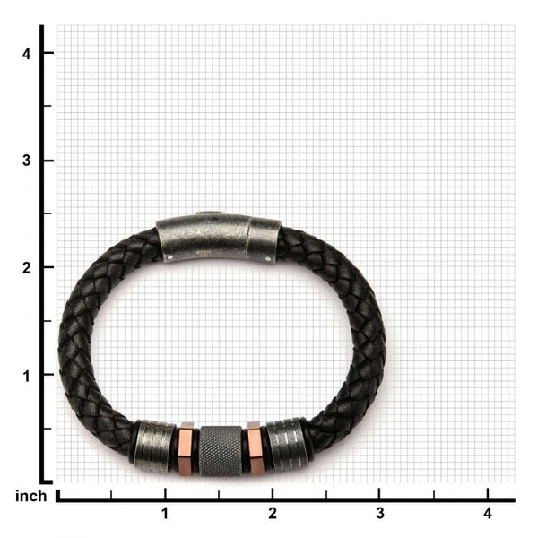 Black Braided Leather with Rose Gold Plated & Steel Beads Bracelet