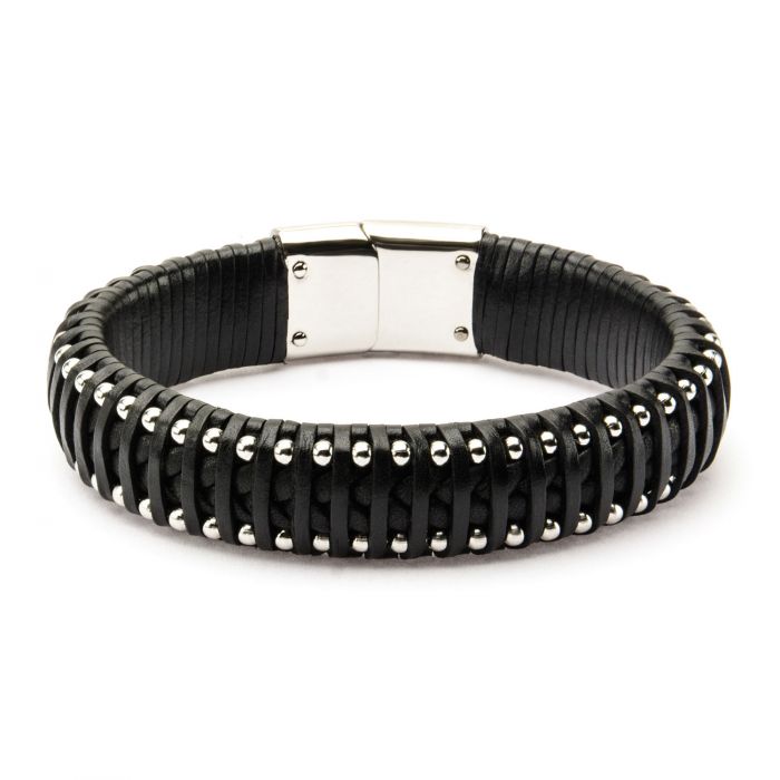 Black Leather with Steel Ball Edge Bracelet