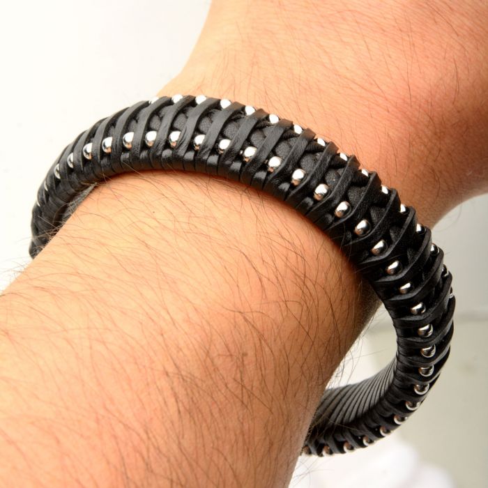 Black Leather with Steel Ball Edge Bracelet