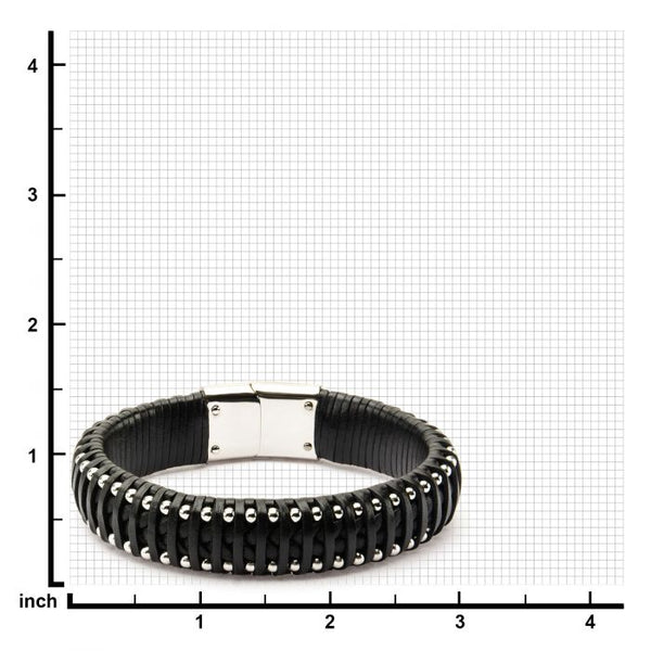 Black Leather with Steel Ball Edge Bracelet