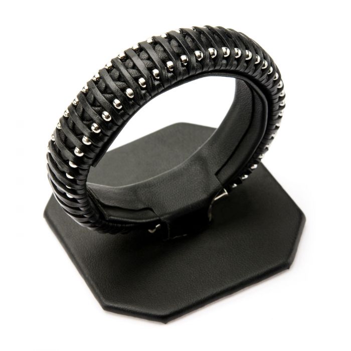 Black Leather with Steel Ball Edge Bracelet