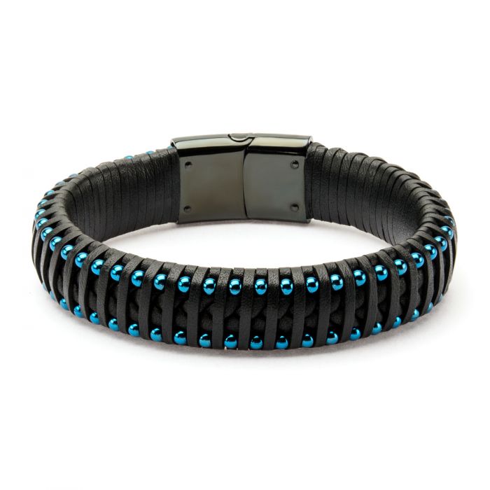 Black Leather with Blue Plated Ball Edge Bracelet