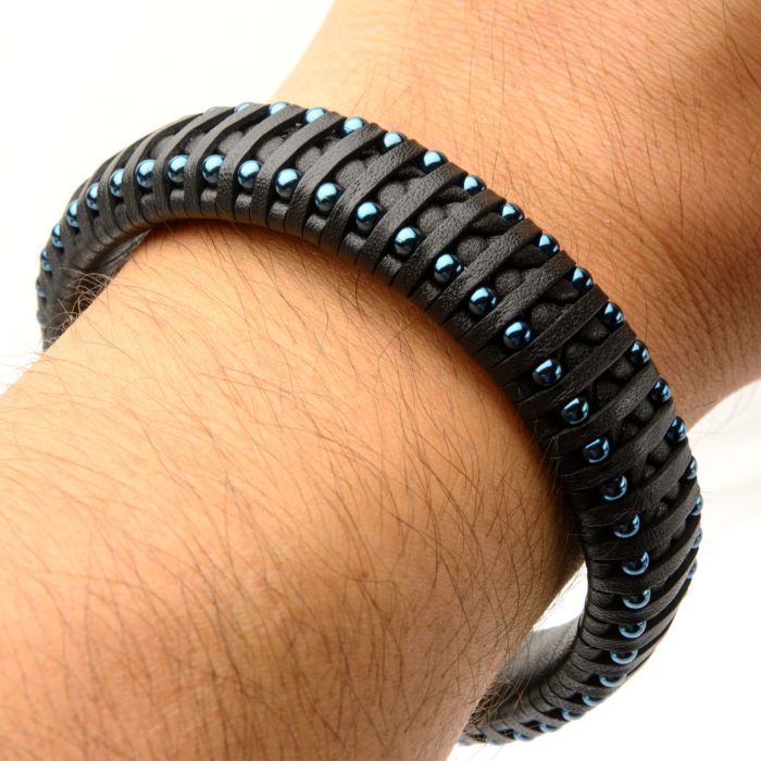 Black Leather with Blue Plated Ball Edge Bracelet