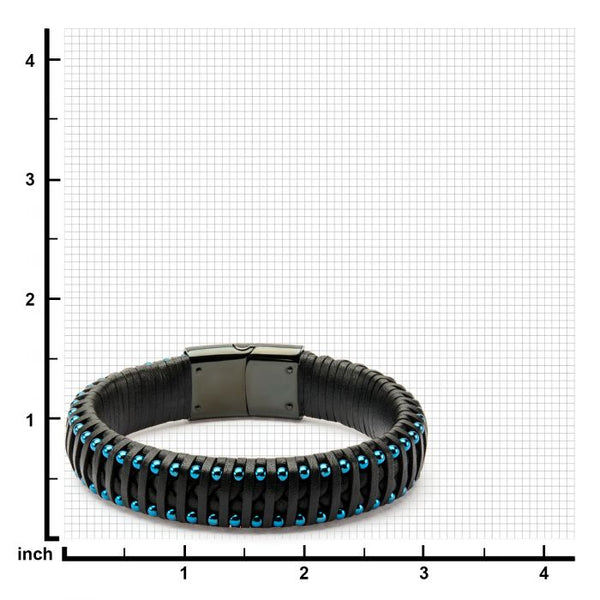 Black Leather with Blue Plated Ball Edge Bracelet